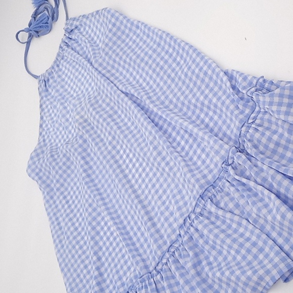 Miken Gingham Print High-Neck Tiered Swim Cover-Up White Blue S